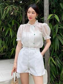 EastFlair 荷葉邊紐扣前開衩袖中式新款襯衫 - 白色 - 查看 4