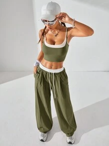 Coolane 女士時尚街頭風格色塊拼接套裝，春夏季，2合1背心加色塊褲 - 軍綠色 - 查看 5