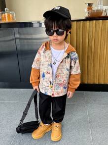 SHEIN 2入組男童休閒塗鴉格紋2合1連帽外套和褲子套裝，街頭風格 - 彩色 - 查看 1
