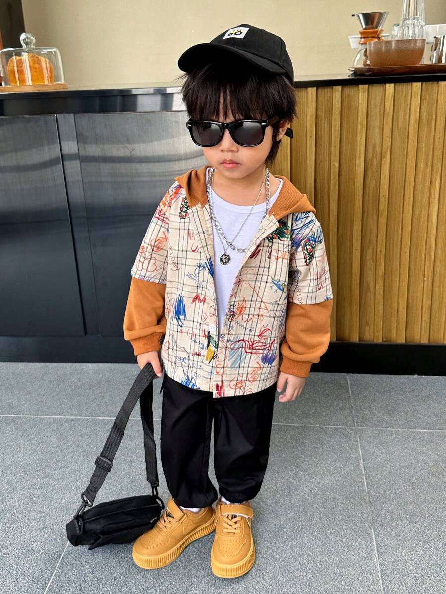 SHEIN 2入組男童休閒塗鴉格紋2合1連帽外套和褲子套裝，街頭風格 - 彩色 - 查看 1