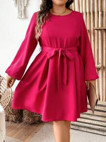 SHEIN Clasi Elegant Short Plus Size Women's Solid Color Round Neck Lantern Sleeve Dress With Pockets, Spring/Summer - Hot Pink - View 2