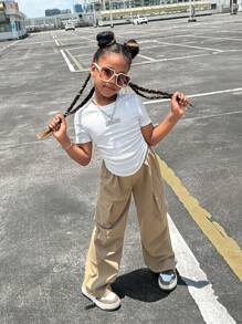 SHEIN Girlism 2pcs Tween Girls' Ribbed Ruched Short Sleeve T-Shirt And Casual Pocket Pants Set, Back To School Outfit - Khaki - View 4