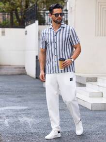 GENTILAND Loose Fit Men's Cotton Striped Print Shirt - Blue and White - View 6