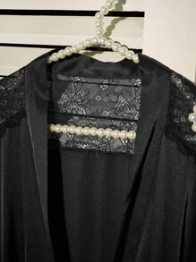 Contrast Lace Belted Satin Robe - Black - View 4