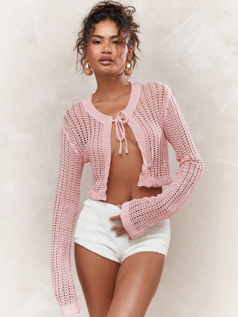 MISSGUIDED Crochet Knit Tie Detail Open Front Flared Sleeves