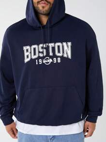 Manfinity VCAY Men's Plus Size Casual Knitted Hoodie With Letter Printed Emblem, Loose Fit Drop Shoulder, Long Sleeve Sweatshirt Suitable For Autumn And Winter, Daily Wear - Blue - View 2