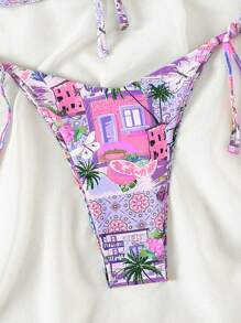 SHEIN Swim Women's Summer Beach Palm Tree Printed Bandeau Hollow Out Halter Bikini Set - Mauve Purple - View 5