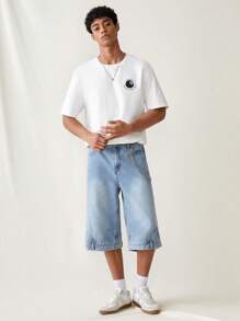 Manfinity Hypemode Men's Light Blue Loose Denim Shorts With Pockets JORTS UC - Light Wash - View 8