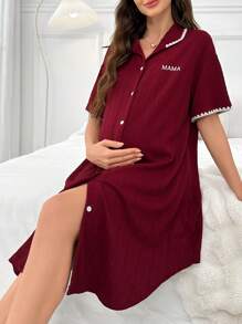 Maternity Shirt Style Sleep Dress With Alphabet Embroidery, Colorblock Trim Pajama Dress - Burgundy - View 1