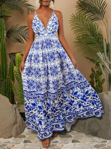 Travachic Woven Printed Deep V-Neck Criss Cross Backless Cami Dress - Blue - View 3