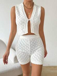 SHEIN Essnce Sexy Hollow Knit Cardigan & Shorts Set, Women's Casual 2pcs Short Top And Sweater
