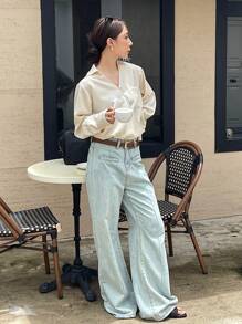 DAZY Solid Color Oblique Placket Long Sleeve Lady Shirt With Fitted Pocket - Apricot - View 5