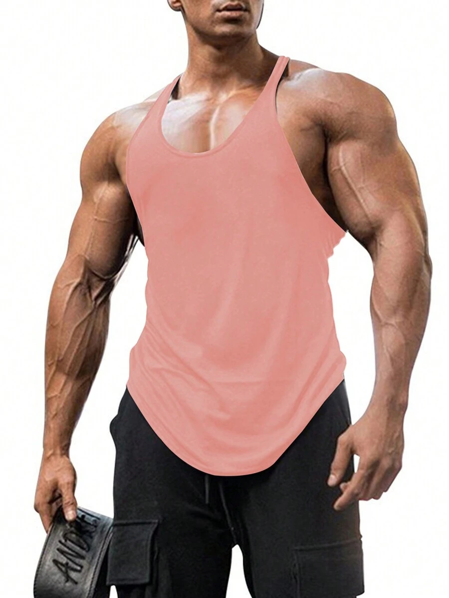 Manfinity Fitness Boyfriend Style Men's Solid Color Gym Fitness Stringer Tank Top - Pink - View 1