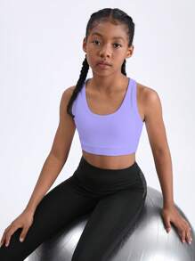 SHEIN Áo crop top ngắn màu trơn hình chữ thập màu hoa oải hương cho bé gái tuổi mới lớn, thích hợp để chạy bộ, tập thể dục, nhảy dây và tập yoga - Màu tím hoa cà - Xem 5