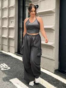 SHEIN EZwear Plus Solid Crop Halter Top & Flap Pocket Side Cargo Pants - Dark Grey - View 1