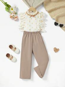 SHEIN Cô Gái Trẻ 2 Cái/bộ Áo ống rộng dáng rộng thời trang có cà vạt và viền xếp nếp Quần in họa tiết, đa năng - trắng - Xem 1