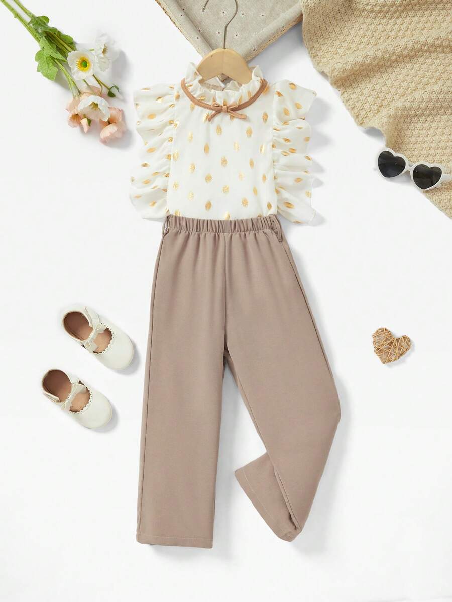 SHEIN Cô Gái Trẻ 2 Cái/bộ Áo ống rộng dáng rộng thời trang có cà vạt và viền xếp nếp Quần in họa tiết, đa năng - trắng - Xem 1