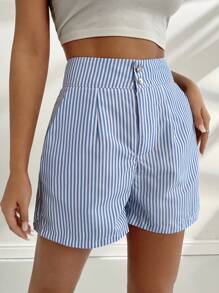Chiquease Shorts simples de rayas para mujeres para uso diario - Azul - Ver 3