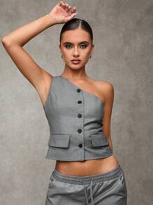 SHEIN BAE Chaleco blazer de unicolor, estilo diario simple, con cuello asimétrico, estilo old money, atuendo de maestra, atuendo seductor de oficina, ropa de mujer de negocios, ropa de otoño para mujer - Gris - Ver 3