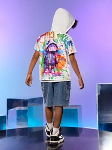 SHEIN Explorewe Tween Boys' Thời trang đường phố có mũ trùm đầu Áo sơ mi ngắn tay hoạt hình in chữ Hip Hop - trắng - Xem 1