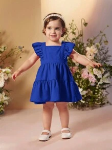 Travachic KIDS 嬰兒女夏季簡約純色荷葉邊無袖連衣裙，可拆卸蝴蝶結