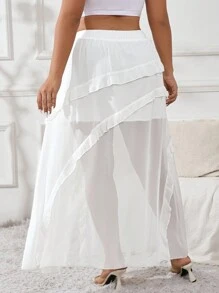 SHEIN Privé Plus Size Casual White Elastic Drawstring Waist Skirt With Split Hem And Ruffled Edges, Perfect For Everyday Wear And Summer Vacation Outfits - White - View 2