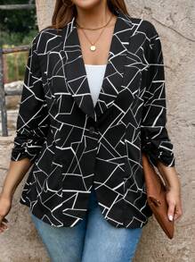 SHEIN LUNE Plus Size Spring/Fall Casual Geometric Printed Ruched Sleeve Blazer Winter Clothes Business Casual Woman Work Blazer Business Blazer - Black - View 6