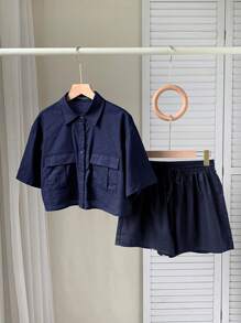 Comfortcana Navy Blue Woven Daily Casual Outfit - Navy Blue - View 1