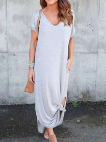 EMERY ROSE Solid Split Side Dress For Summer - Light Grey - View 3