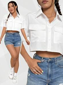 Flirla 女士纯色落肩短袖工装衬衫，带口袋，短袖上衣