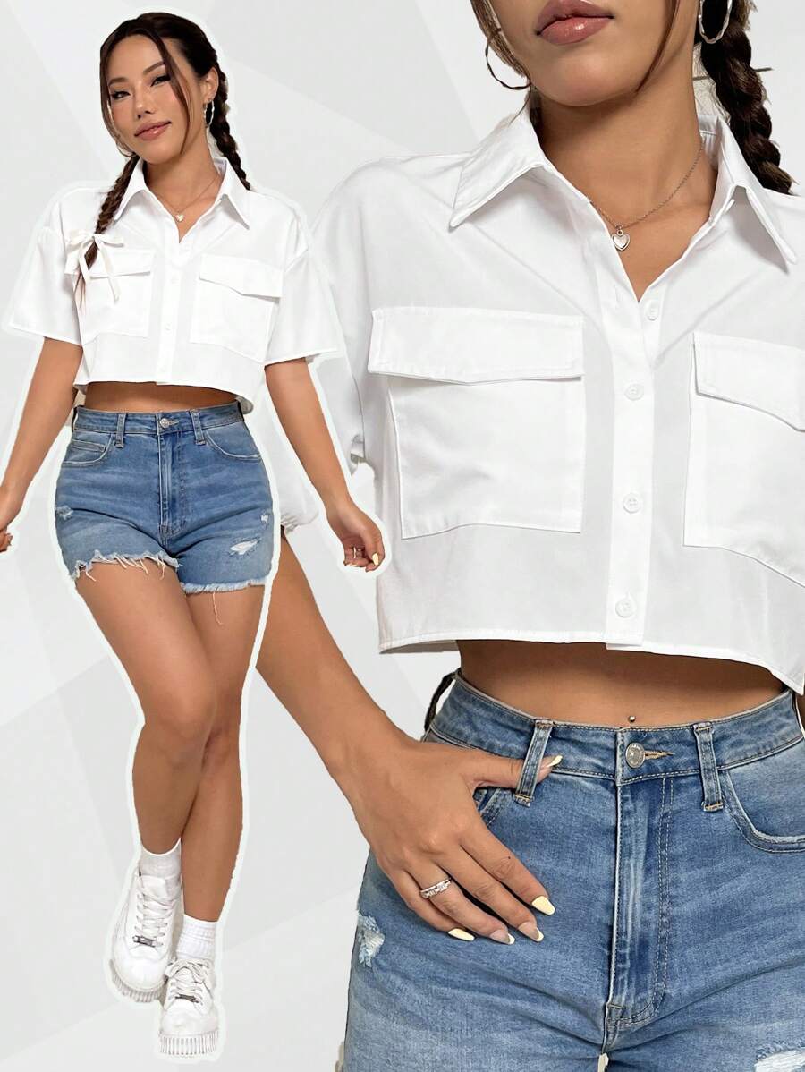 Flirla 女士纯色落肩短袖工装衬衫，带口袋，短袖上衣