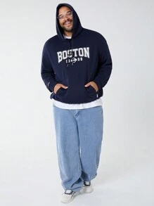 Manfinity VCAY Men's Plus Size Casual Knitted Hoodie With Letter Printed Emblem, Loose Fit Drop Shoulder, Long Sleeve Sweatshirt Suitable For Autumn And Winter, Daily Wear - Blue - View 5