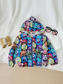 SHEIN Baby Boy Baby Girl Casual Hooded Cardigan With Cartoon Monster Pattern
