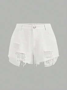 SHEIN EZwear 女款白色鬆散磨邊破洞牛仔短褲 - 白色 - 查看 8