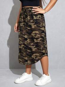 SHEIN Essnce Plus Size Women Camouflage Skirt, Casual Skirt, Straight Skirt, Summer Women Skirtes, Fall Women Skirt, Casual Summer Skirt, Back To School Teacher Earthy Skirt - Army Green - View 3