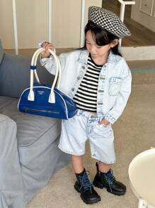 小女孩2入組休閒時尚設計牛仔套裝，包括多件裝和洗水處理完成的款式 - 淺色水洗藍 - 查看 1