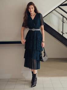 MOTF PREMIUM SOLID SURPLICE NECK LAYERED RUFFLE HEM PLISSE DRESS