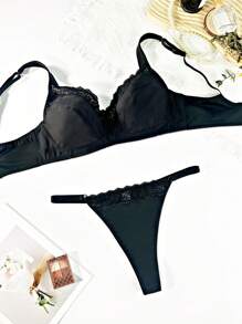 2 件加大码优雅黑色蕾丝内衣套装（带钢圈） - 黑色 - 查看 1