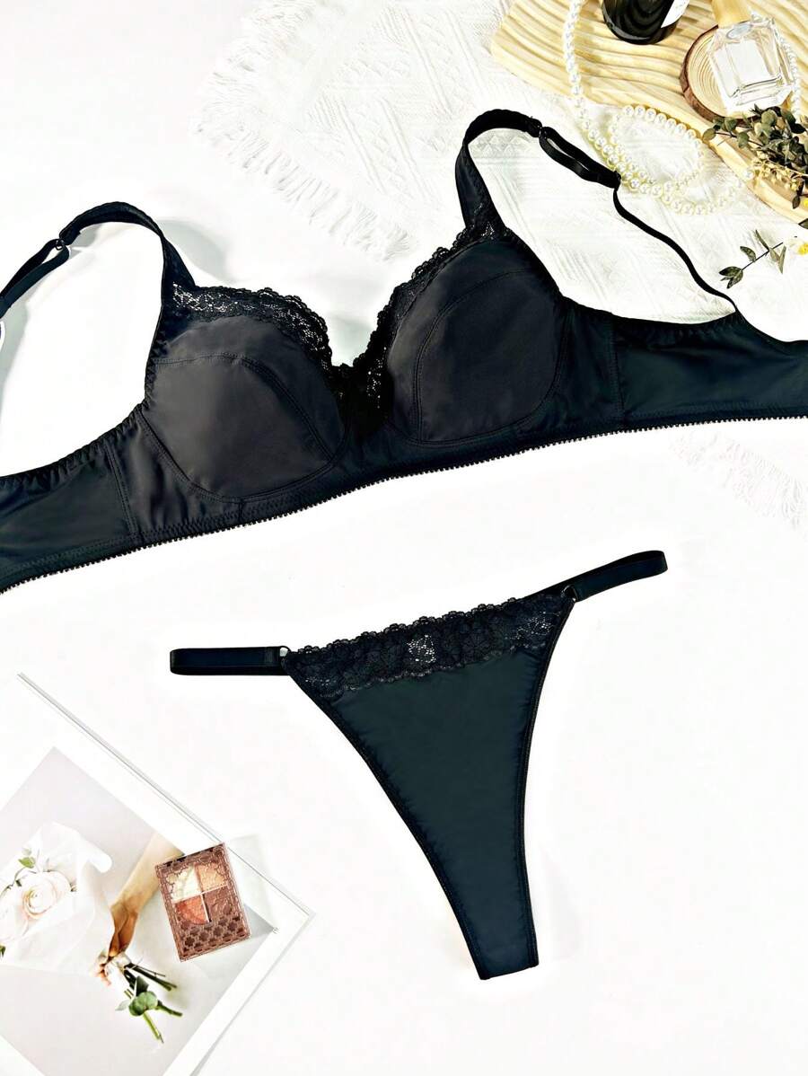 2 件加大码优雅黑色蕾丝内衣套装（带钢圈） - 黑色 - 查看 1