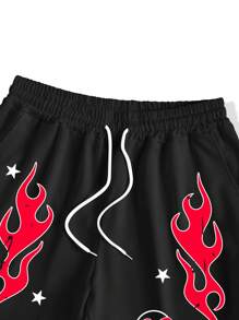 Manfinity Campus Court 男士火焰印花抽绳腰短裤，夏季足球风格，返校图案外出休闲短裤，足球风格，适合丈夫、男朋友的礼物 - 黑色 - 查看 4