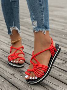 Women's Red Flat Rope Sandals, Slip-On Woven Design, Comfortable And Open Toe Sandals - Red - View 4