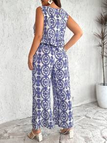 Breezaya 大尺碼全印花假日休閒背心上衣及寬腿褲套裝