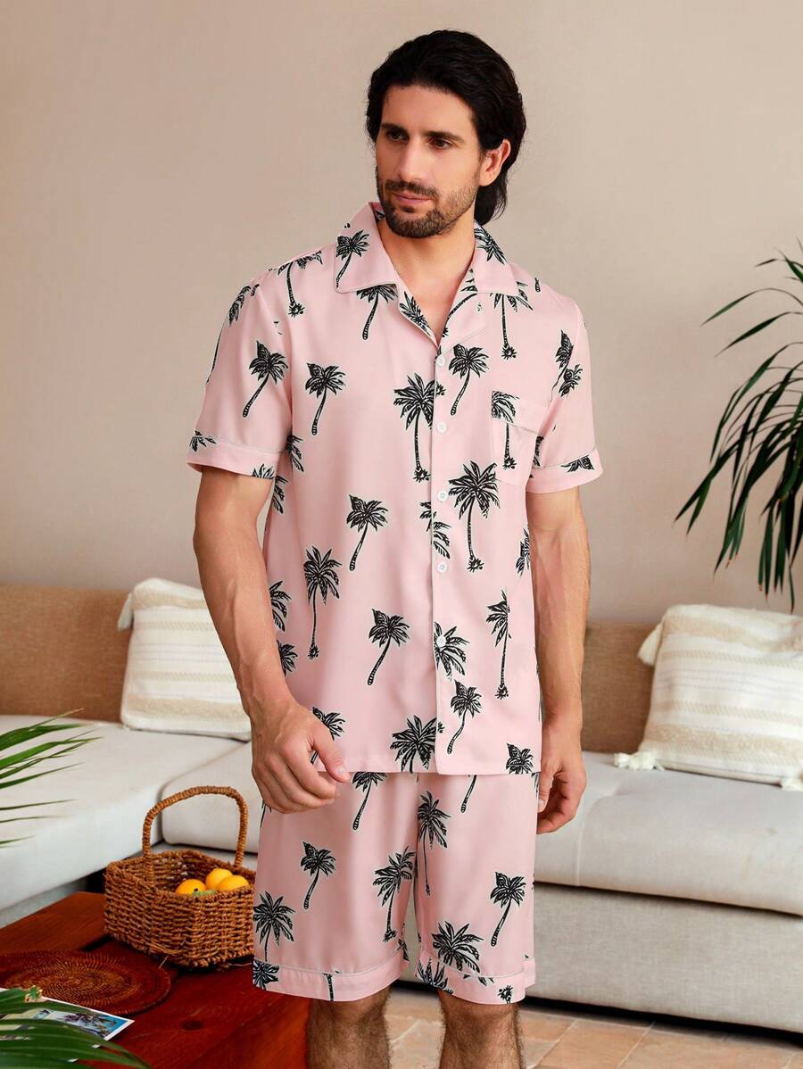 Bộ áo ngắn tay và quần short cài cúc phía trước có in hình cây, đồ mặc nhà - Nhiều màu - Xem 1