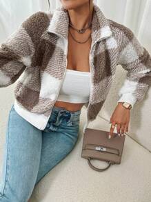 SHEIN Frenchy Women's Plaid Long Sleeve Short Plush Jacket, Fall And Winter,Women Pajama,Fall Women Jackets,Going Out Tops,Flannels Women,Business Casual Women,Plaid Jacket,Wedding Dress Guest,Winter