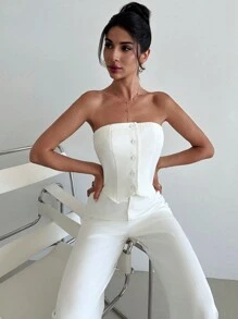Firerie Áo ống trắng và quần ống rộng cho nữ, Bộ 2 món thanh lịch khi đi làm - trắng - Xem 6