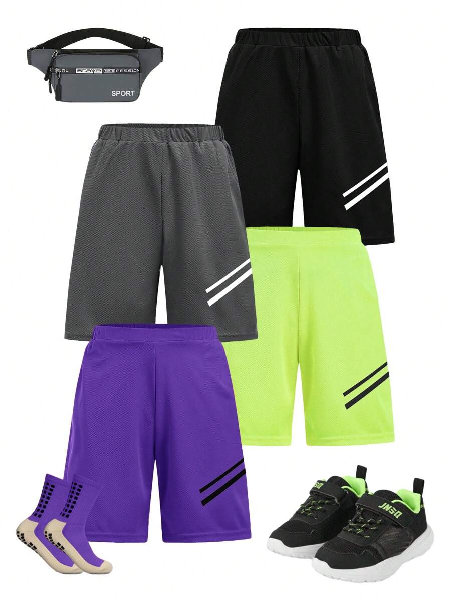 SHEIN 4入組寬鬆舒適運動透氣短褲套裝，適用於青少年男孩 - 紫色 - 查看 1