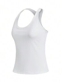 Easithlete Women High Elasticity Breathable Sports Gym Tank Top With Inner Lining, Built-In Bra Cups, Round Neckline And Open Back Design - White - View 3