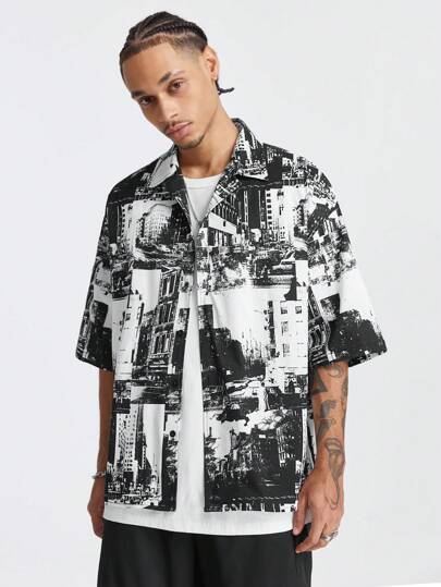 Manfinity RebelGame Camisa de manga corta tejida para hombres con estampado digital suelto, adecuada para el verano