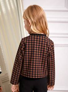 SHEIN 年轻女孩休闲百搭秋冬短款千鸟格夹克，搭配黑色蝴蝶结和装饰边饰，前开式设计，轻盈奢华别致，适合秋冬季室内穿着