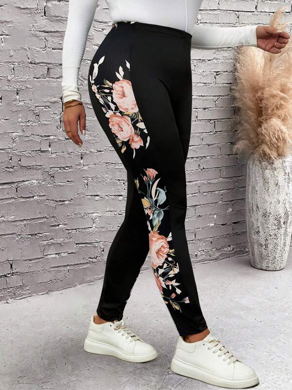 EMERY ROSE Plus Size Women's Printed Patchwork Leggings, Tight-Fitting Pants